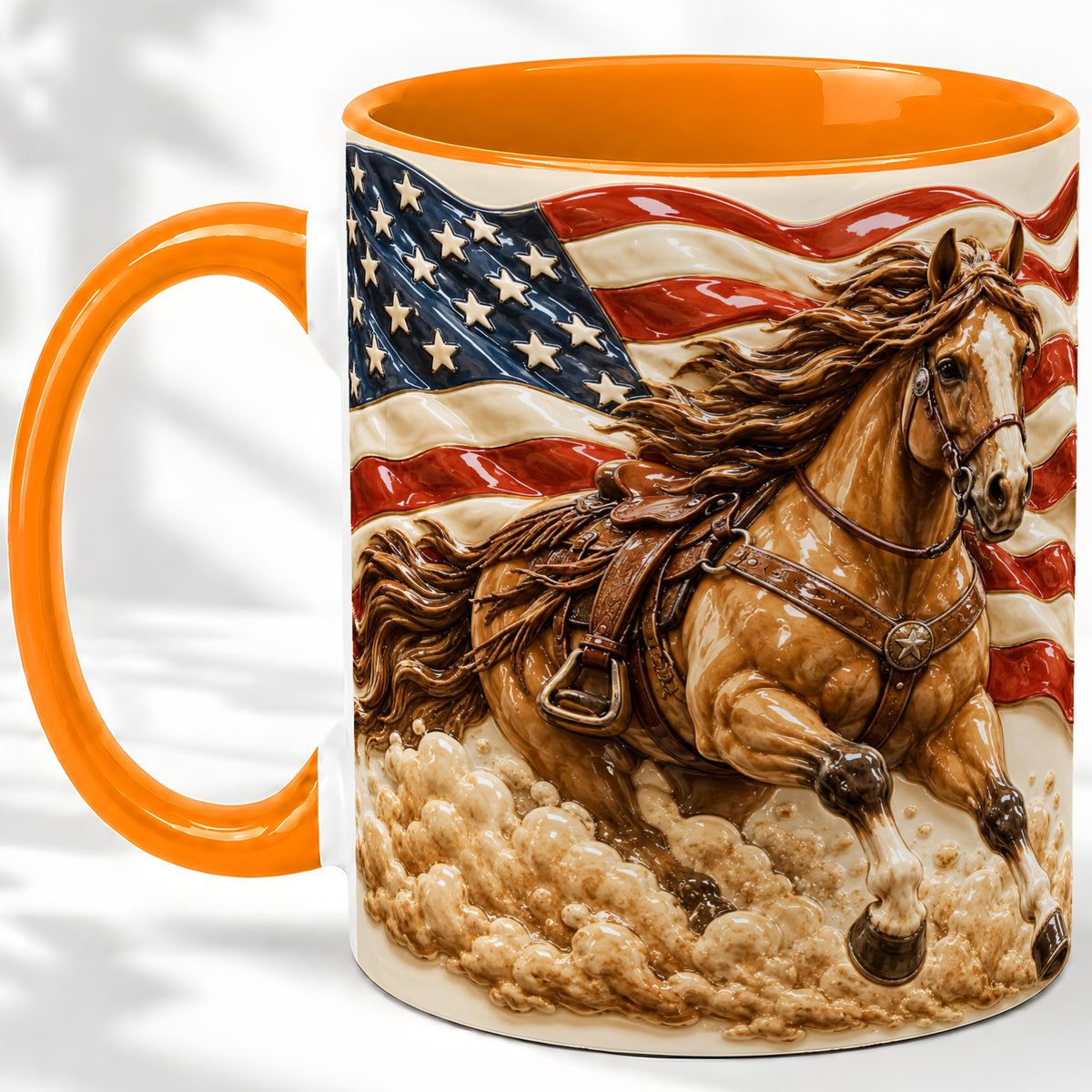 #pl[11oz|Orange] Patriotic Horse Ceramic Mug with American Flag Equestrian Artwork