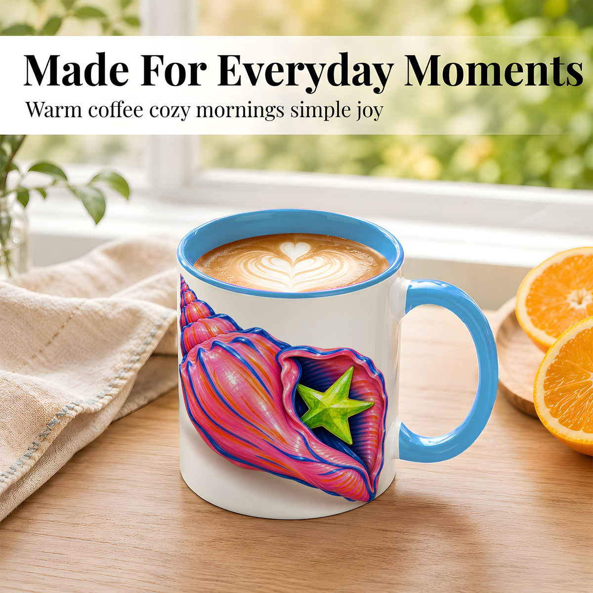#pl[11oz|Blue] Pink Seashell Coffee Mug, Coastal Starfish Mug, Ceramic Cup