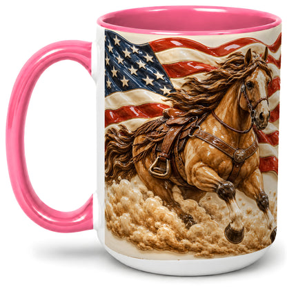 #pl[15oz|Pink] Patriotic Horse Ceramic Mug with American Flag Equestrian Artwork