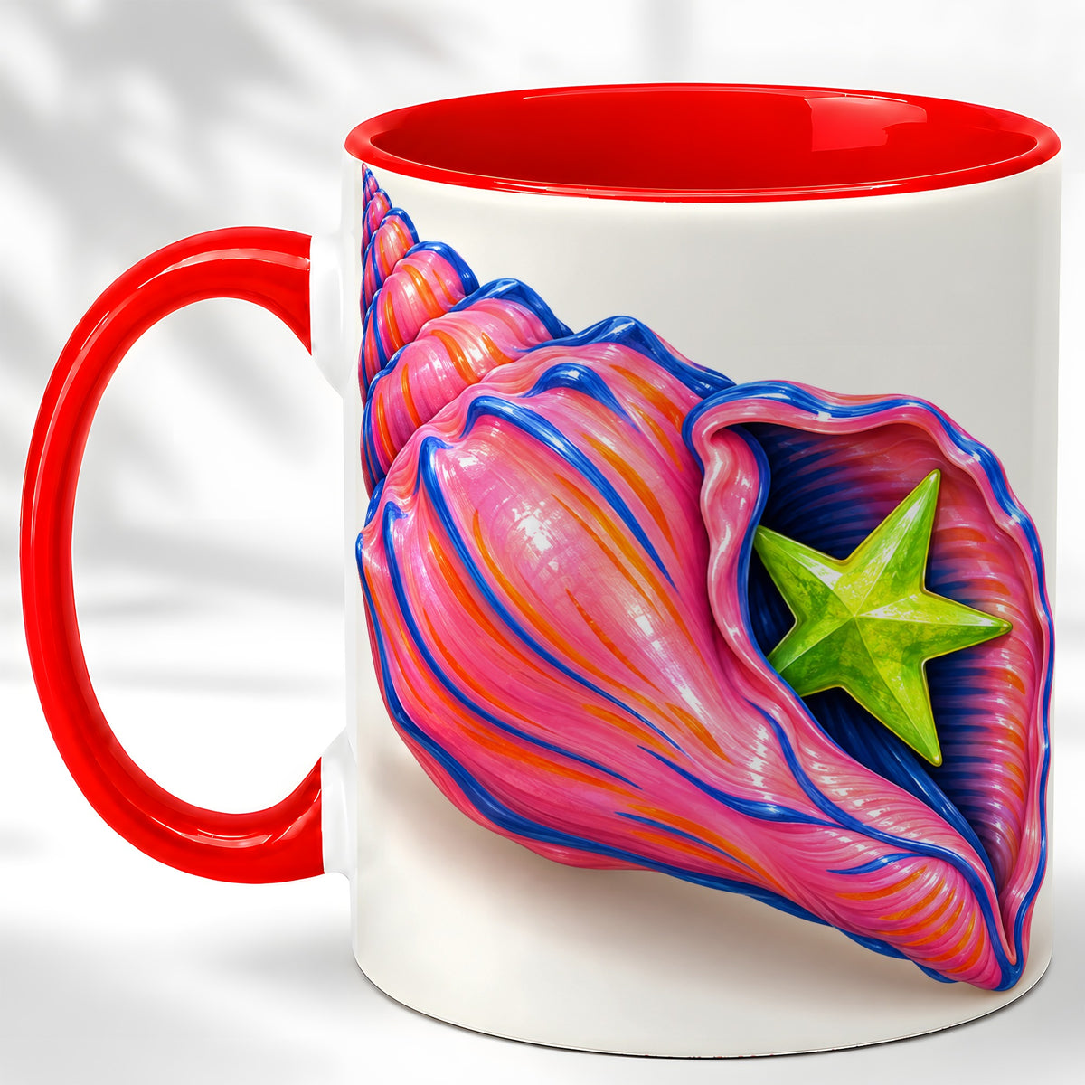 Pink Seashell Coffee Mug, Coastal Starfish Mug, Ceramic Cup
