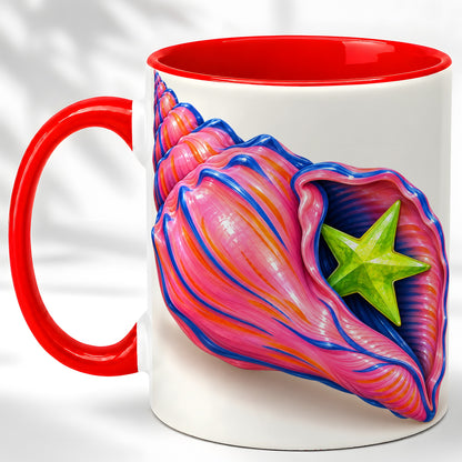 Pink Seashell Coffee Mug, Coastal Starfish Mug, Ceramic Cup