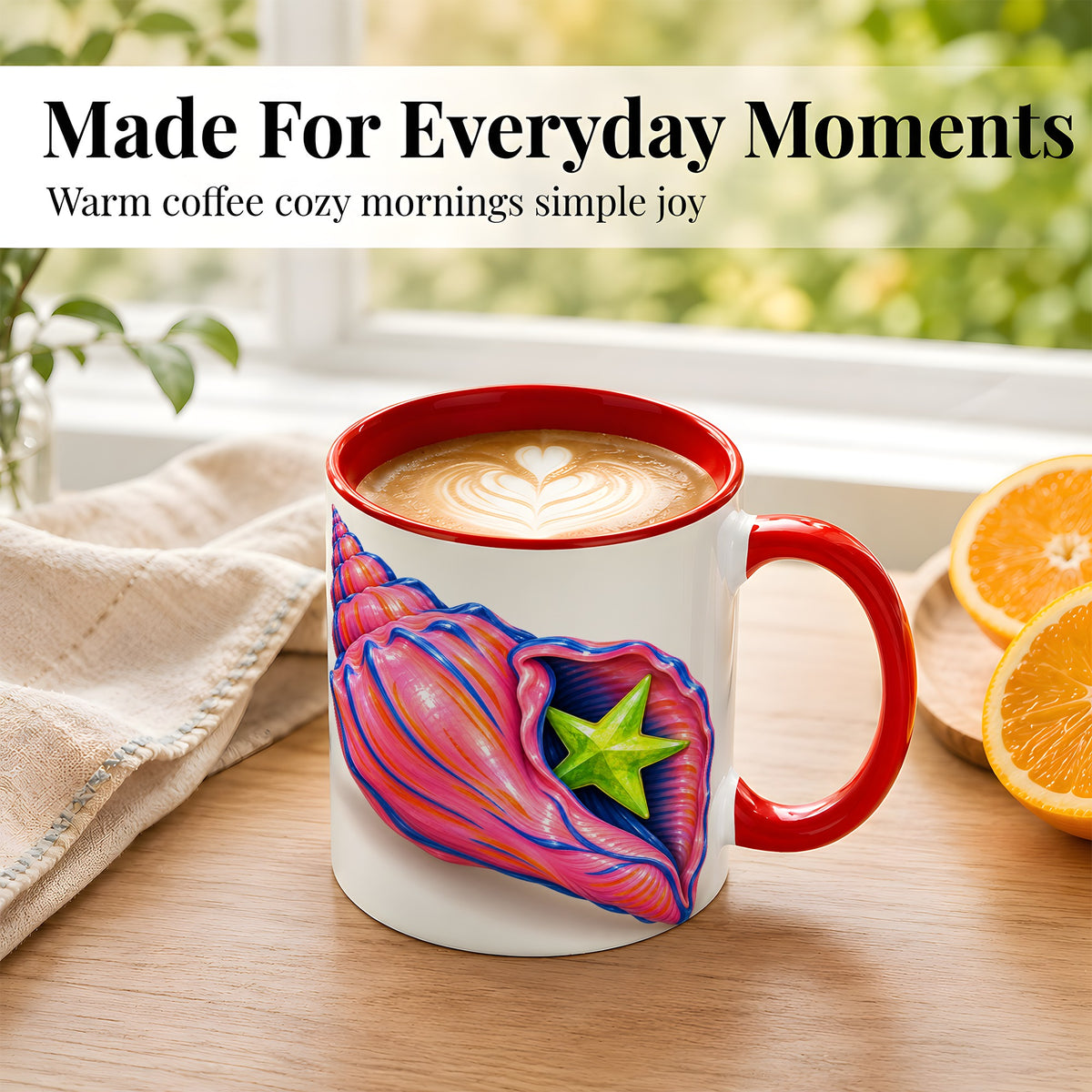 #pl[11oz|Red] Pink Seashell Coffee Mug, Coastal Starfish Mug, Ceramic Cup
