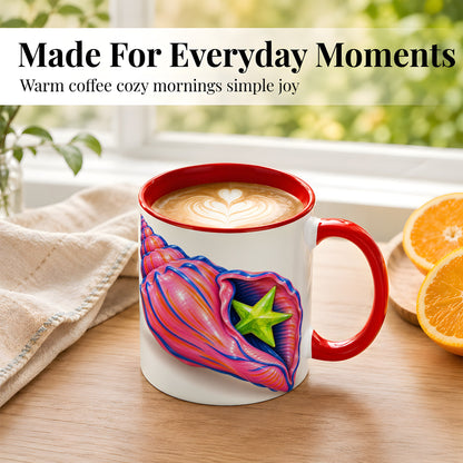 #pl[11oz|Red] Pink Seashell Coffee Mug, Coastal Starfish Mug, Ceramic Cup