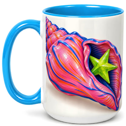 #pl[15oz|Blue] Pink Seashell Coffee Mug, Coastal Starfish Mug, Ceramic Cup