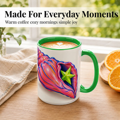 #pl[15oz|Green] Pink Seashell Coffee Mug, Coastal Starfish Mug, Ceramic Cup