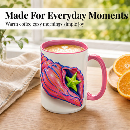 #pl[15oz|Pink] Pink Seashell Coffee Mug, Coastal Starfish Mug, Ceramic Cup