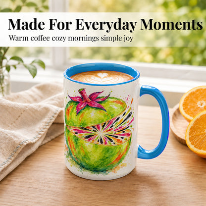 #pl[15oz|Blue] Tropical Fruit Coffee Mug, Colorful Watercolor Mug, Ceramic Cup