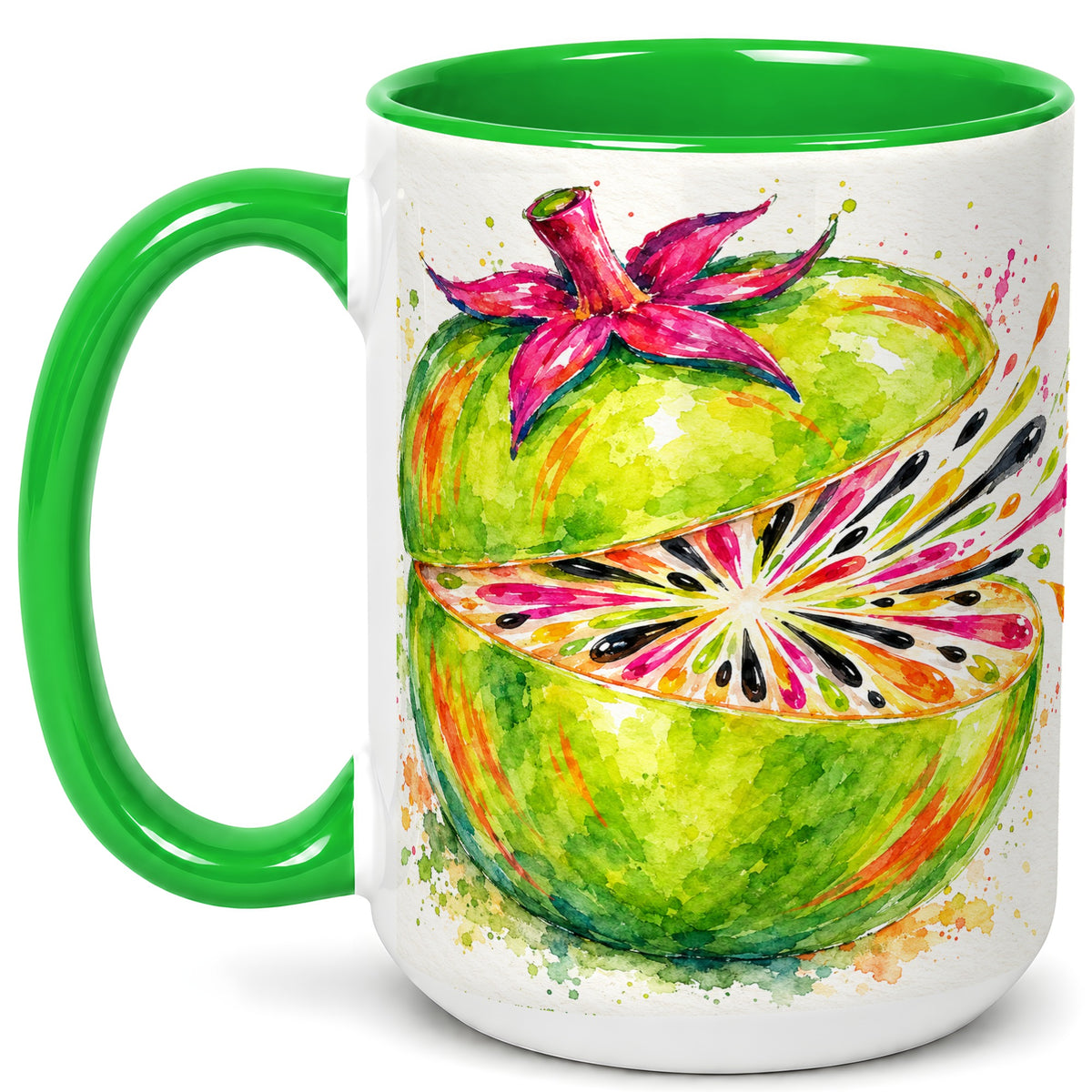 #pl[15oz|Green] Tropical Fruit Coffee Mug, Colorful Watercolor Mug, Ceramic Cup