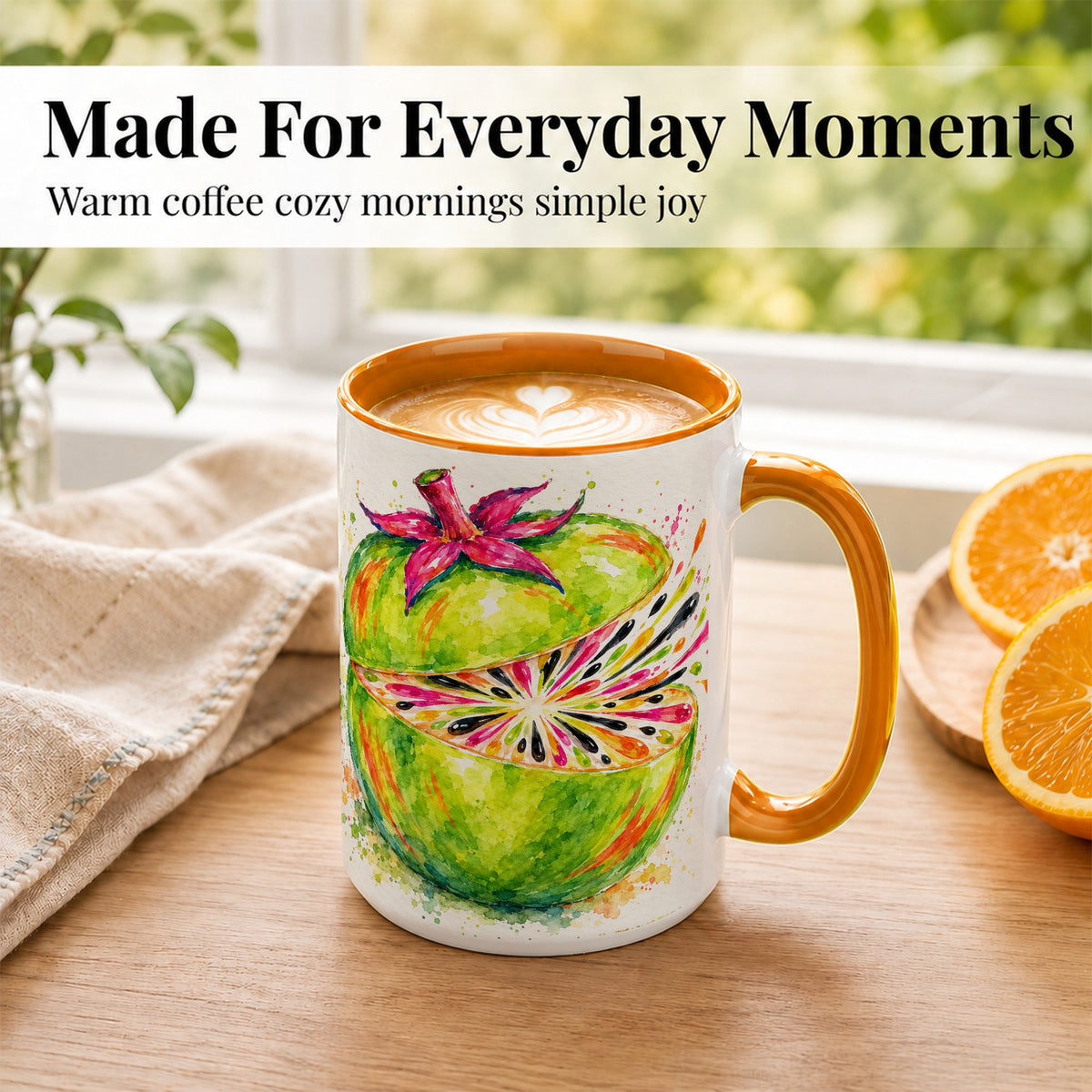 #pl[15oz|Orange] Tropical Fruit Coffee Mug, Colorful Watercolor Mug, Ceramic Cup