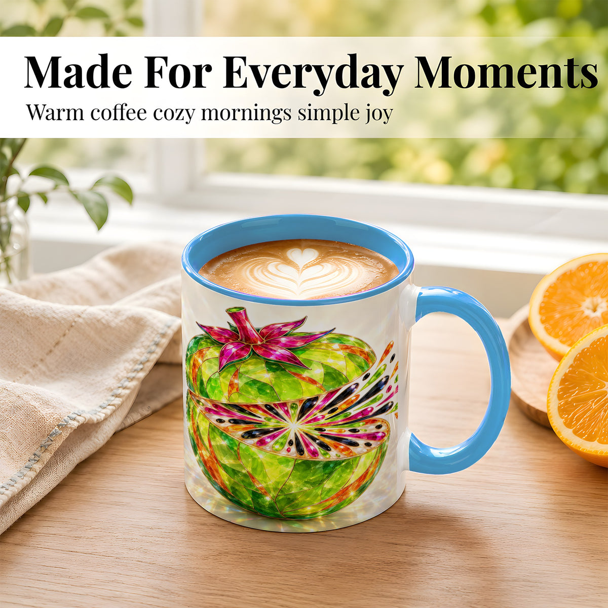 #pl[11oz|Blue] Jeweled Fruit Coffee Mug, Stained Glass Style Mug, Ceramic Cup