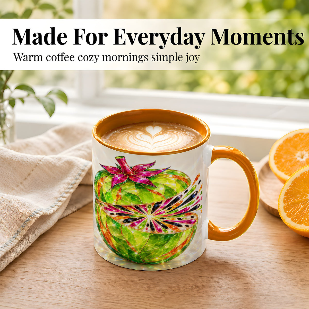 #pl[11oz|Orange] Jeweled Fruit Coffee Mug, Stained Glass Style Mug, Ceramic Cup