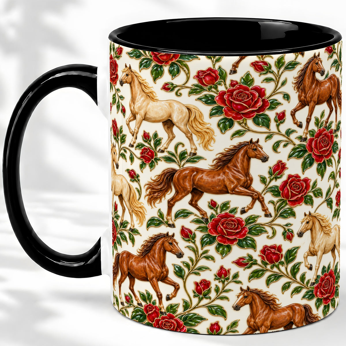 #pl[11oz|Black] Rose Horse Pattern Ceramic Mug with Red Floral Equestrian Artwork