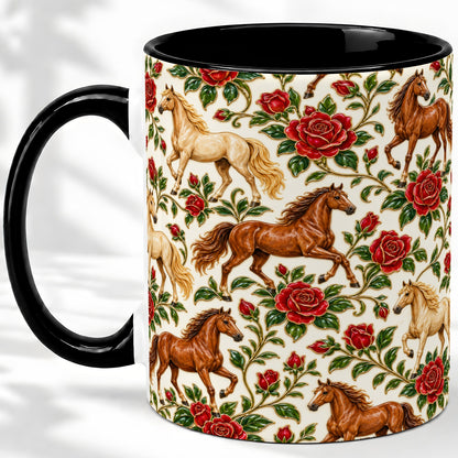#pl[11oz|Black] Rose Horse Pattern Ceramic Mug with Red Floral Equestrian Artwork
