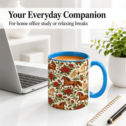 #pl[11oz|Blue] Rose Horse Pattern Ceramic Mug with Red Floral Equestrian Artwork
