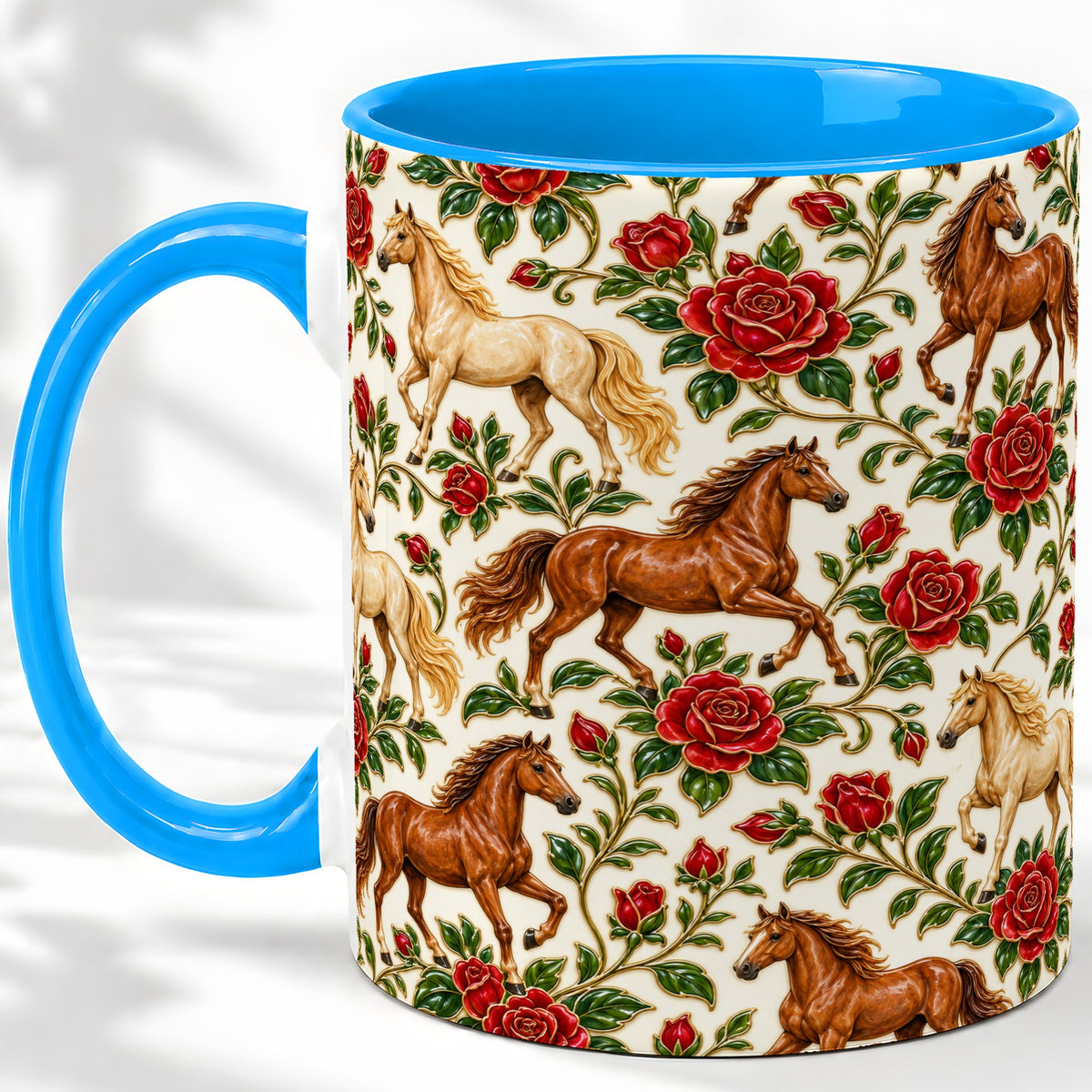 #pl[11oz|Blue] Rose Horse Pattern Ceramic Mug with Red Floral Equestrian Artwork