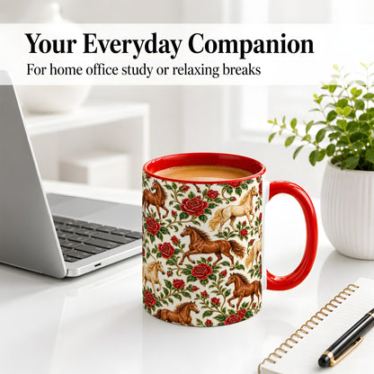 #pl[11oz|Red] Rose Horse Pattern Ceramic Mug with Red Floral Equestrian Artwork