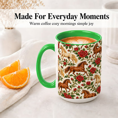 #pl[15oz|Green] Rose Horse Pattern Ceramic Mug with Red Floral Equestrian Artwork
