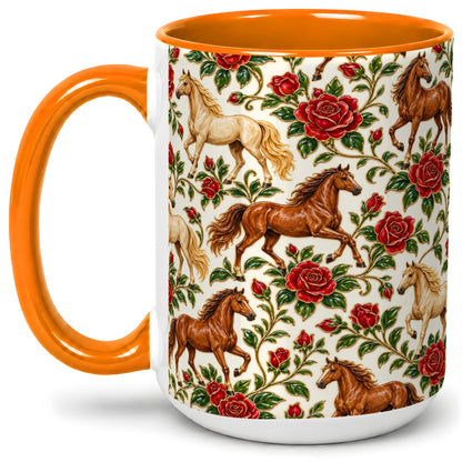 #pl[15oz|Orange] Rose Horse Pattern Ceramic Mug with Red Floral Equestrian Artwork