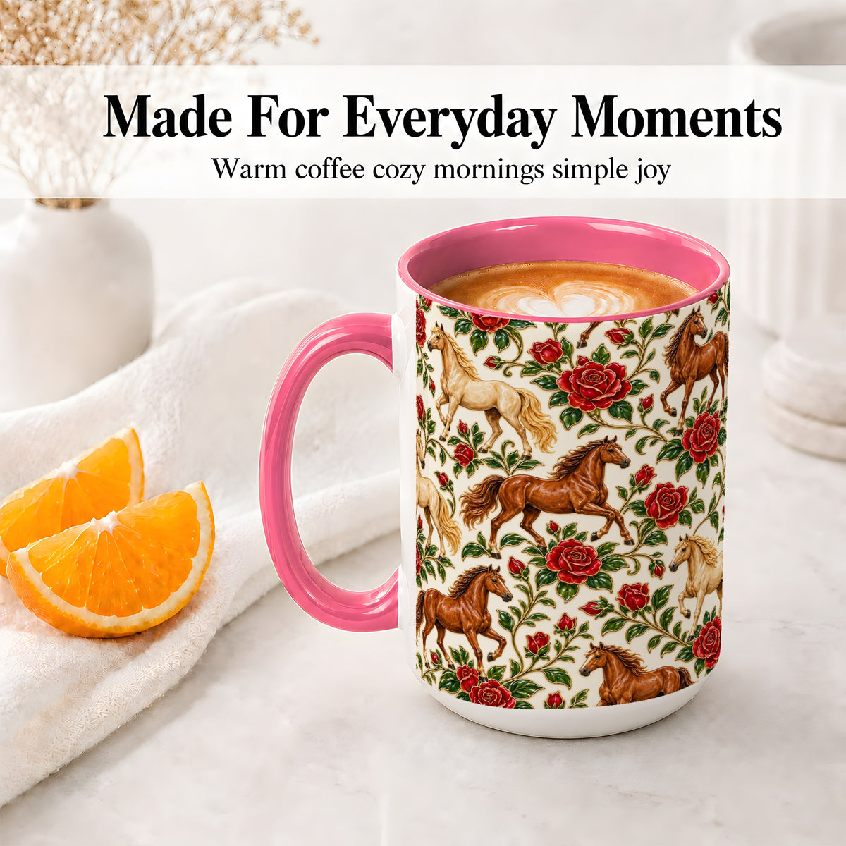 #pl[15oz|Pink] Rose Horse Pattern Ceramic Mug with Red Floral Equestrian Artwork