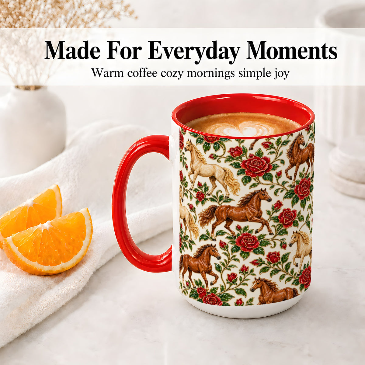 #pl[15oz|Red] Rose Horse Pattern Ceramic Mug with Red Floral Equestrian Artwork
