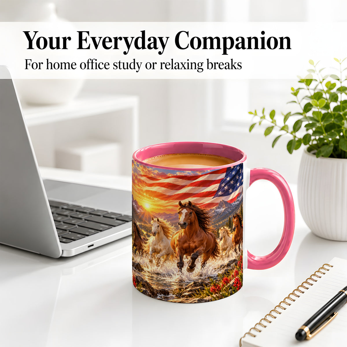 #pl[11oz|Pink] Patriotic Horse Herd Ceramic Mug with Mountain Sunset Flag Artwork