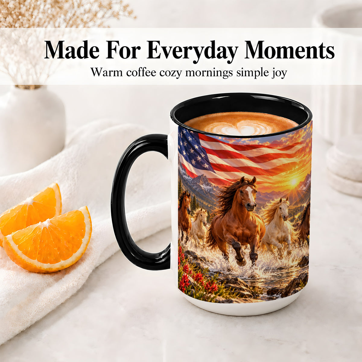 #pl[15oz|Black] Patriotic Horse Herd Ceramic Mug with Mountain Sunset Flag Artwork
