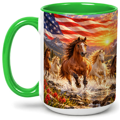 #pl[15oz|Green] Patriotic Horse Herd Ceramic Mug with Mountain Sunset Flag Artwork