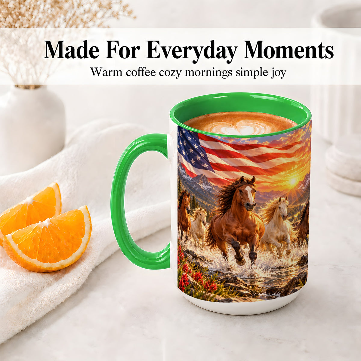 #pl[15oz|Green] Patriotic Horse Herd Ceramic Mug with Mountain Sunset Flag Artwork