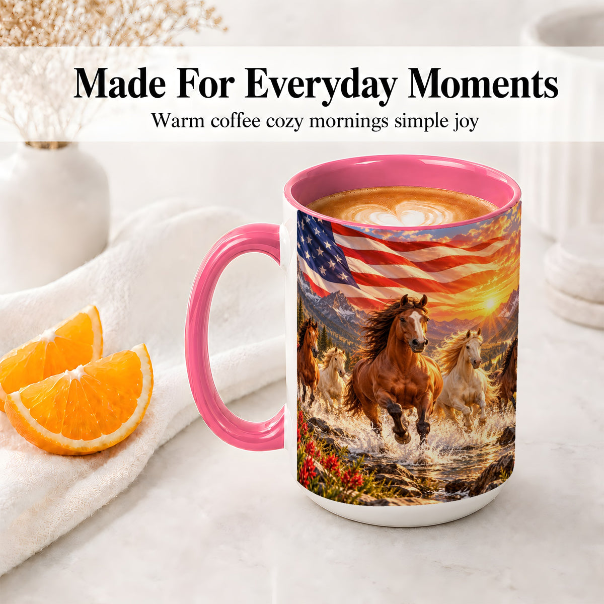 #pl[15oz|Pink] Patriotic Horse Herd Ceramic Mug with Mountain Sunset Flag Artwork