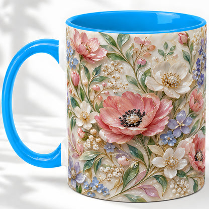 #pl[11oz|Blue] Pastel Floral Ceramic Mug with Pink Blue and White Flower Artwork