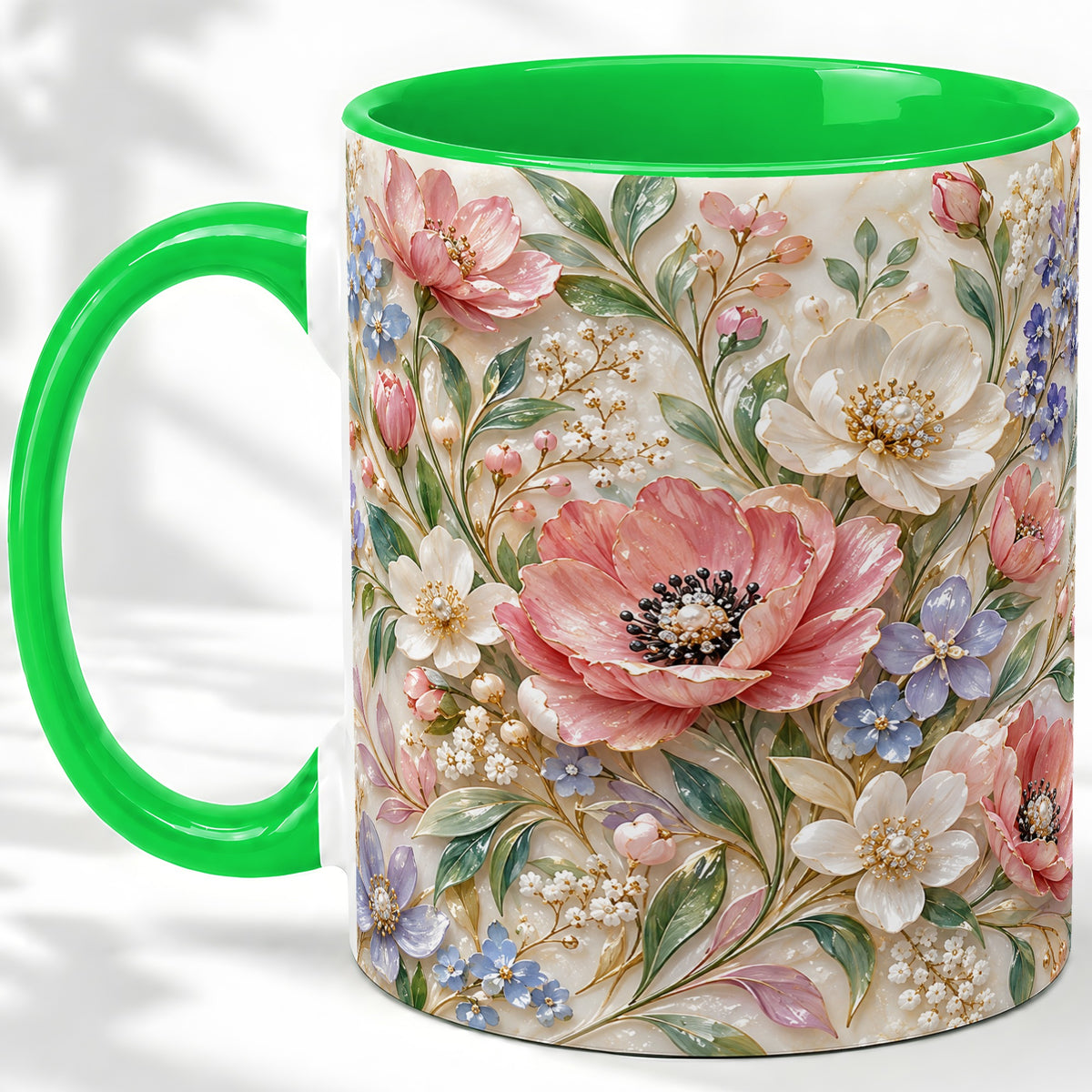 #pl[11oz|Green] Pastel Floral Ceramic Mug with Pink Blue and White Flower Artwork