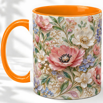 #pl[11oz|Orange] Pastel Floral Ceramic Mug with Pink Blue and White Flower Artwork