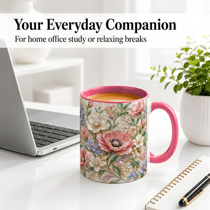 #pl[11oz|Pink] Pastel Floral Ceramic Mug with Pink Blue and White Flower Artwork