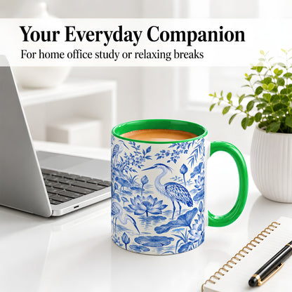 #pl[11oz|Green] Blue Heron Lotus Ceramic Mug with Pond and Botanical Artwork