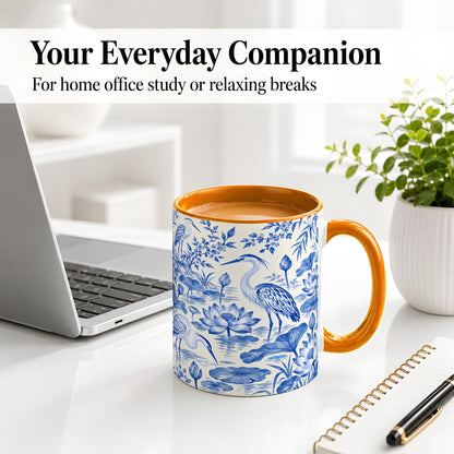 #pl[11oz|Orange] Blue Heron Lotus Ceramic Mug with Pond and Botanical Artwork