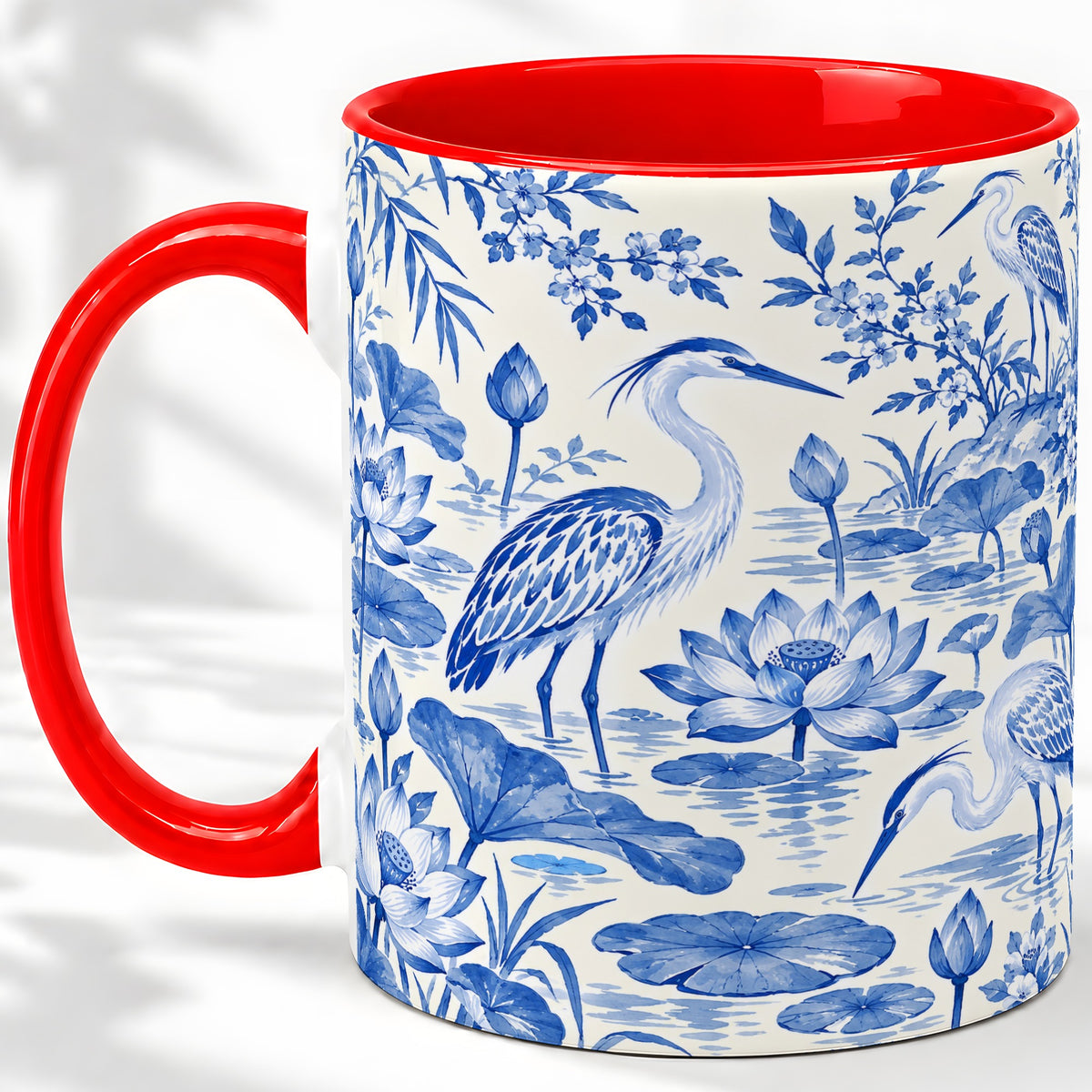 Blue Heron Lotus Ceramic Mug with Pond and Botanical Artwork