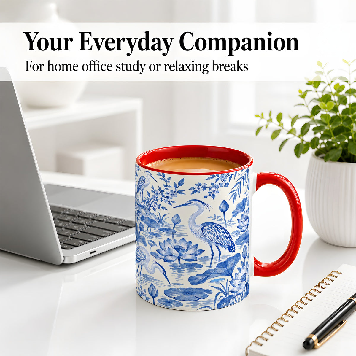 #pl[11oz|Red] Blue Heron Lotus Ceramic Mug with Pond and Botanical Artwork