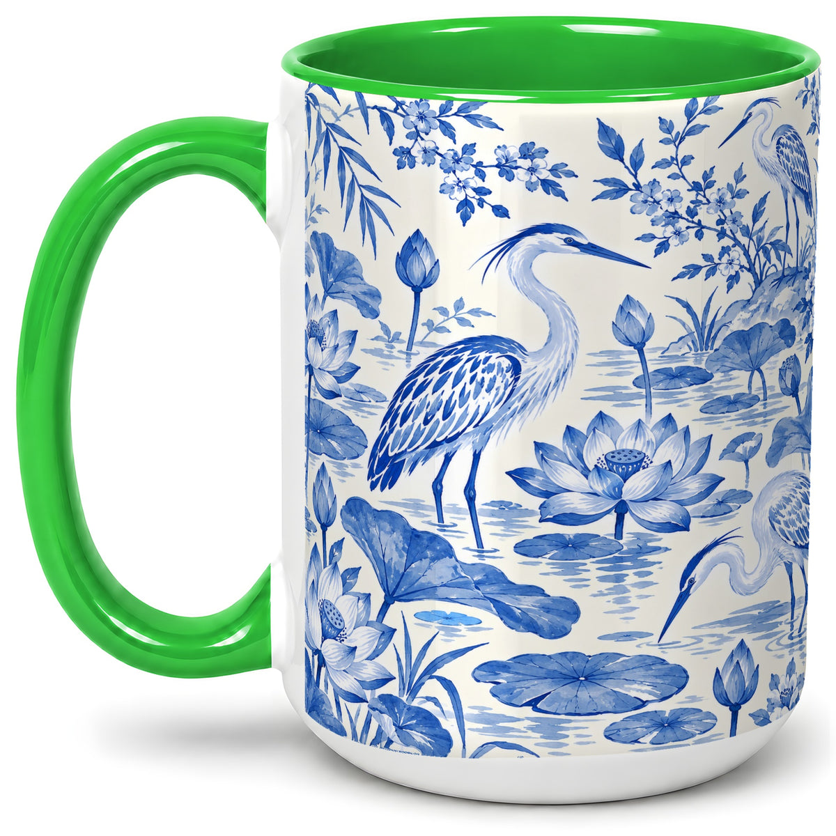 #pl[15oz|Green] Blue Heron Lotus Ceramic Mug with Pond and Botanical Artwork