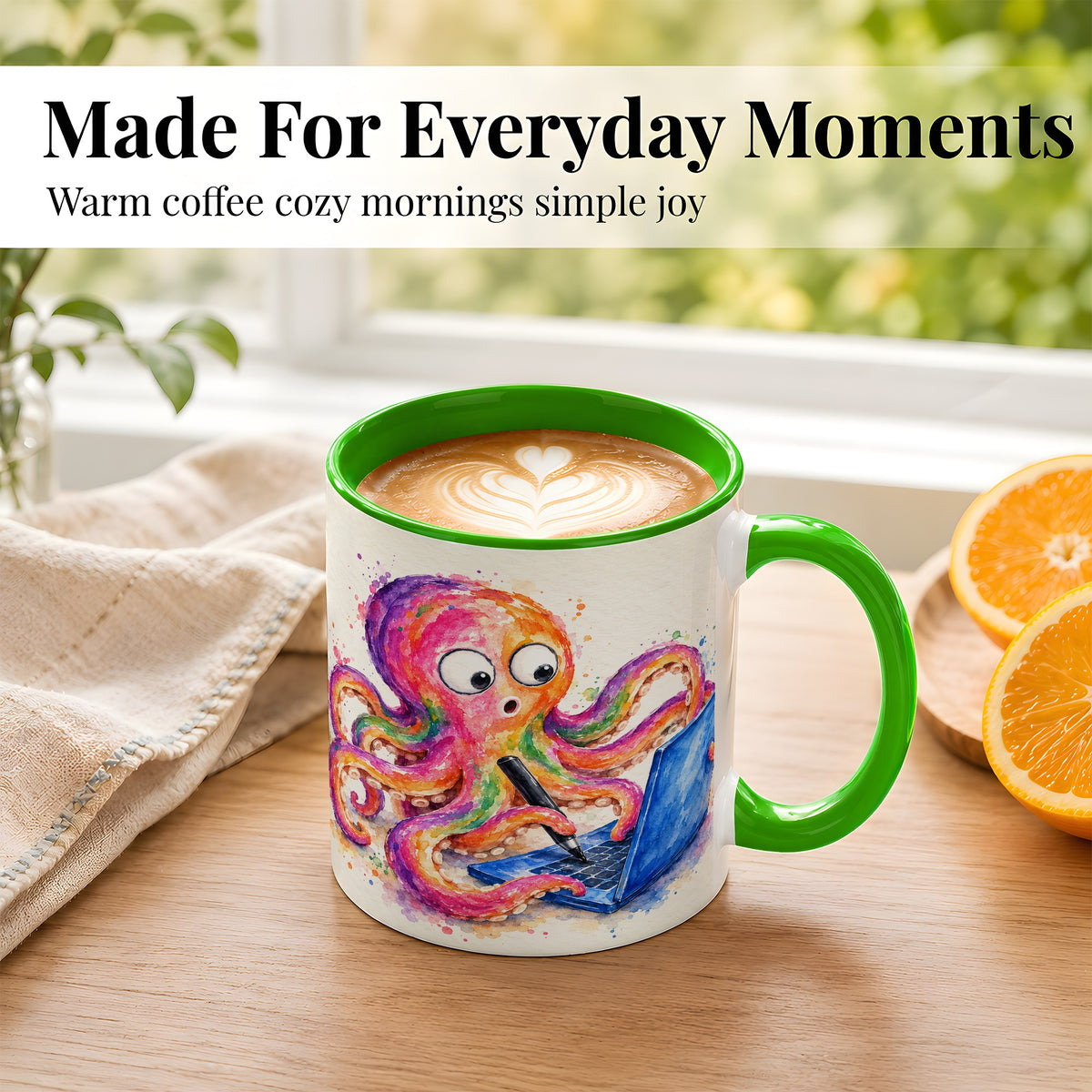 #pl[11oz|Green] Rainbow Octopus Coffee Mug, Funny Sea Creature Mug, Ceramic Cup