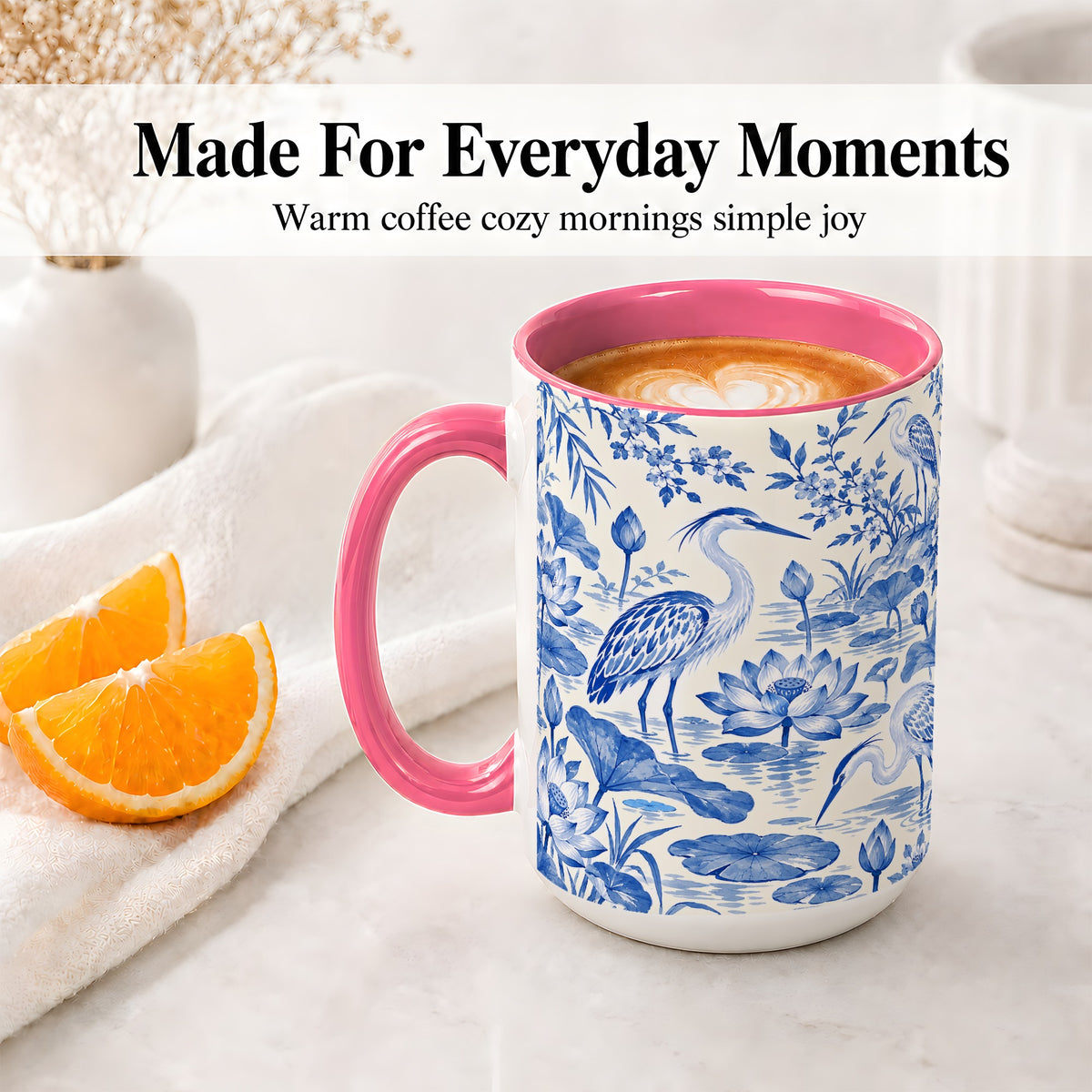 #pl[15oz|Pink] Blue Heron Lotus Ceramic Mug with Pond and Botanical Artwork
