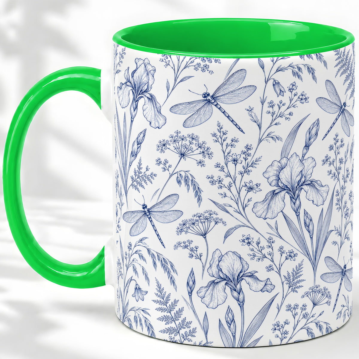 #pl[11oz|Green] Blue Botanical Dragonfly Accent Mug, Ceramic Floral Drinkware