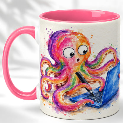 #pl[11oz|Pink] Rainbow Octopus Coffee Mug, Funny Sea Creature Mug, Ceramic Cup