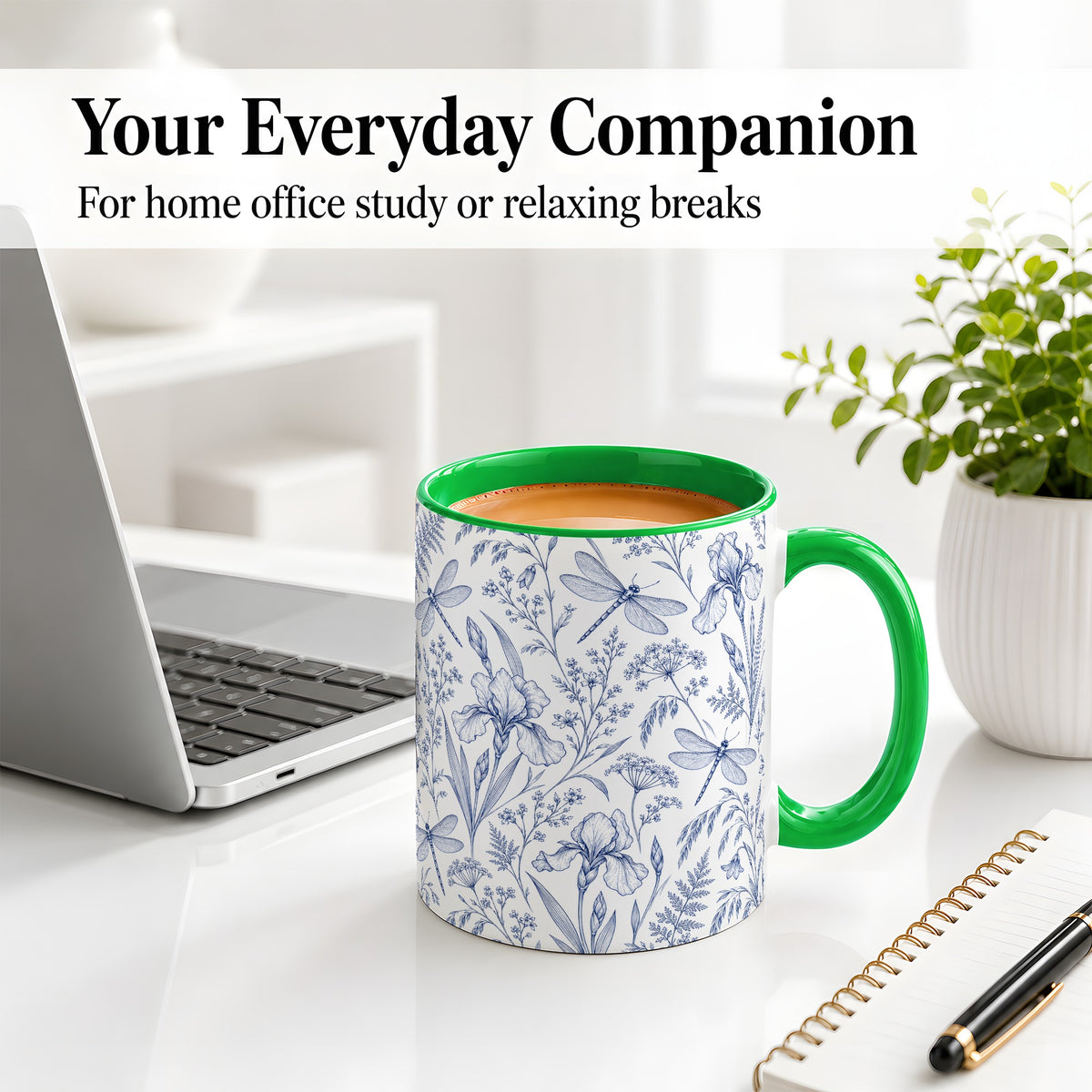 #pl[11oz|Green] Blue Botanical Dragonfly Accent Mug, Ceramic Floral Drinkware