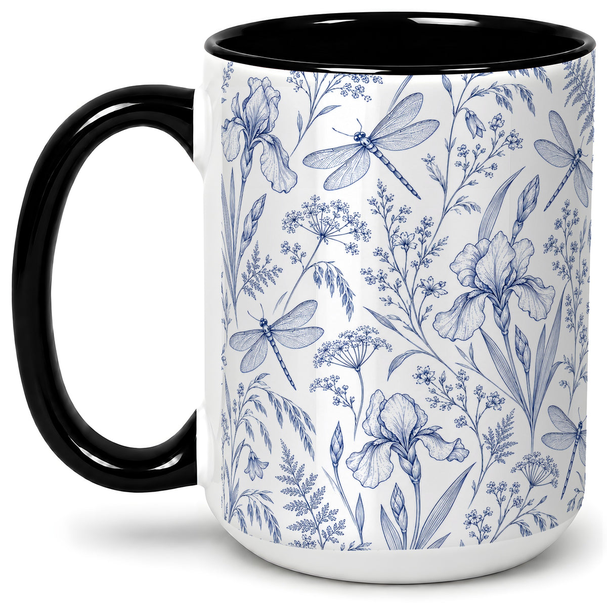 #pl[15oz|Black] Blue Botanical Dragonfly Accent Mug, Ceramic Floral Drinkware