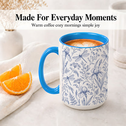 #pl[15oz|Blue] Blue Botanical Dragonfly Accent Mug, Ceramic Floral Drinkware