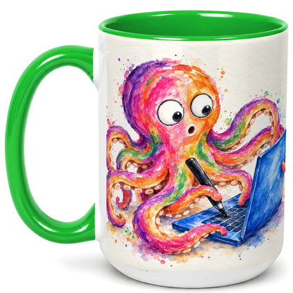 #pl[15oz|Green] Rainbow Octopus Coffee Mug, Funny Sea Creature Mug, Ceramic Cup