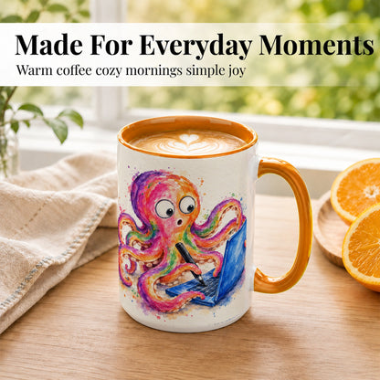 #pl[15oz|Orange] Rainbow Octopus Coffee Mug, Funny Sea Creature Mug, Ceramic Cup