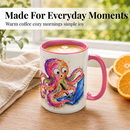 #pl[15oz|Pink] Rainbow Octopus Coffee Mug, Funny Sea Creature Mug, Ceramic Cup