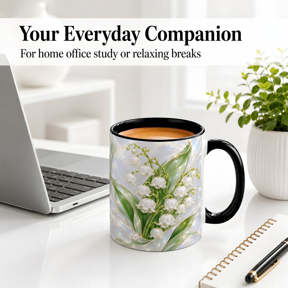 #pl[11oz|Black] Iridescent Lily of the Valley Accent Mug, Ceramic Floral Drinkware