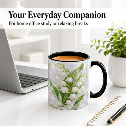 #pl[11oz|Black] Iridescent Lily of the Valley Accent Mug, Ceramic Floral Drinkware